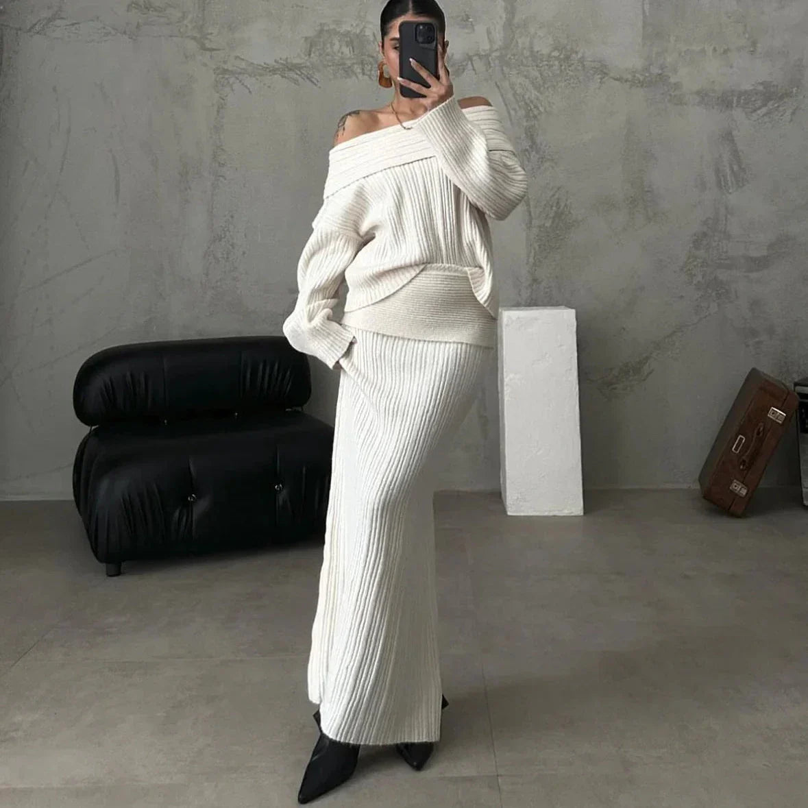 Variant image for Women Off-the-Shoulder Sweater Set Knitted | Clara-9