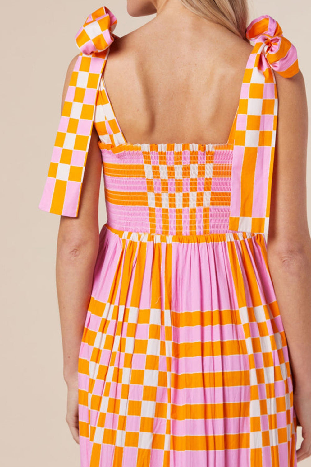 Women Boho Gingham Smocked Maxi Dress with Tied Straps | Amelia