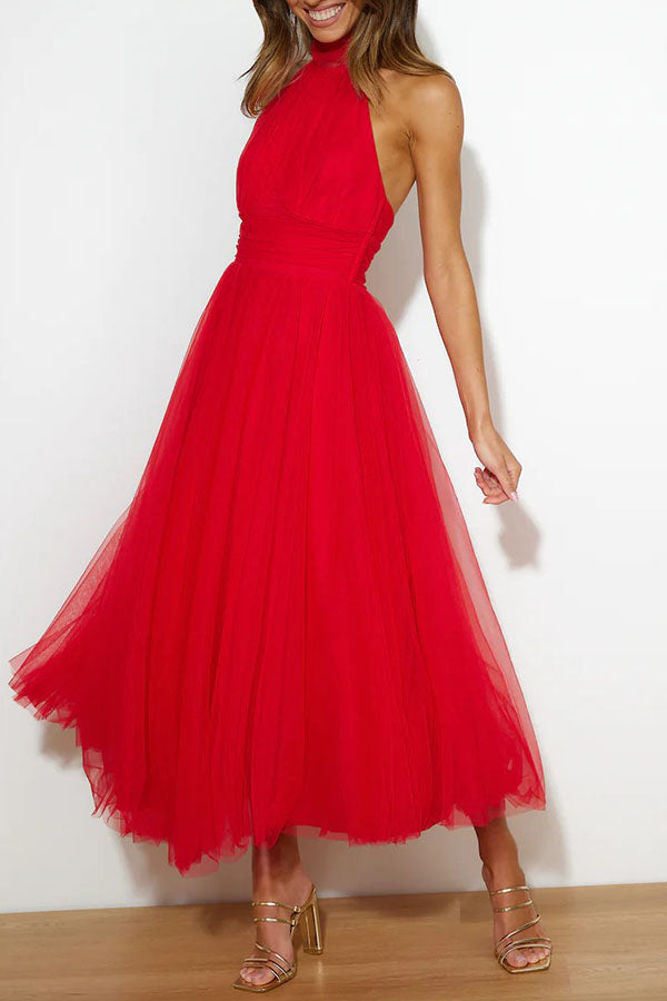 Women Halter-Neck Tulle Midi Dress | Emmeline