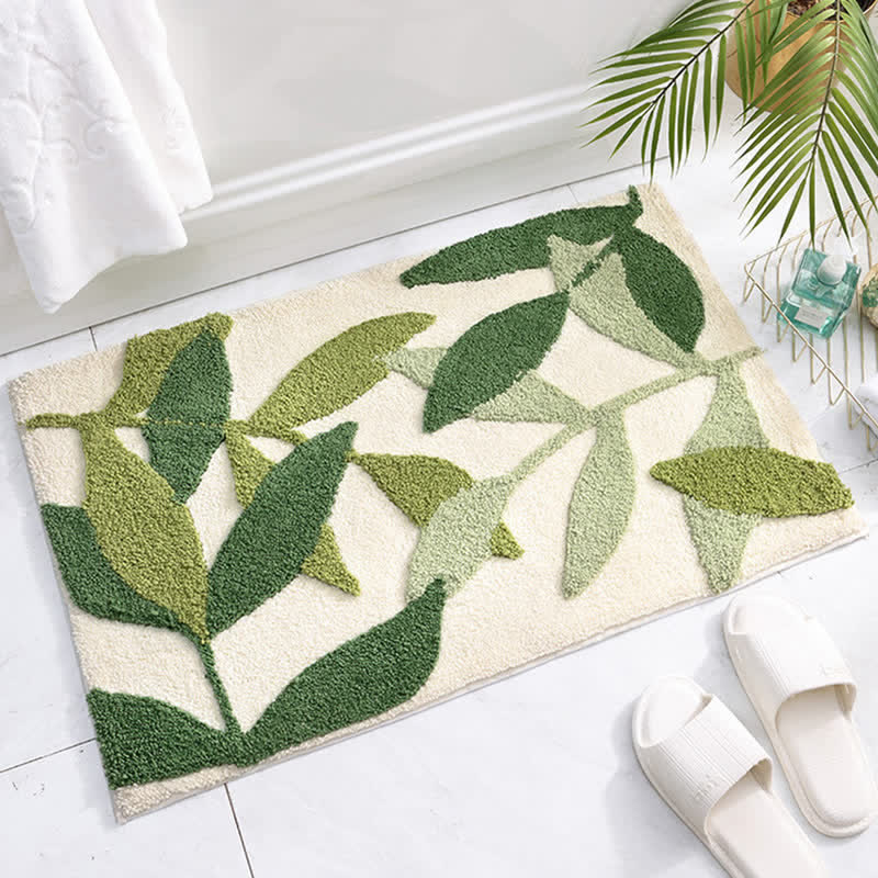 Floor Rug Green Leaf Print Polyester | Cozy Retreat 2