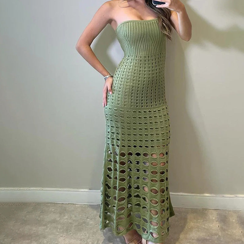 Women Strapless Crochet Knit Maxi Dress | Calira