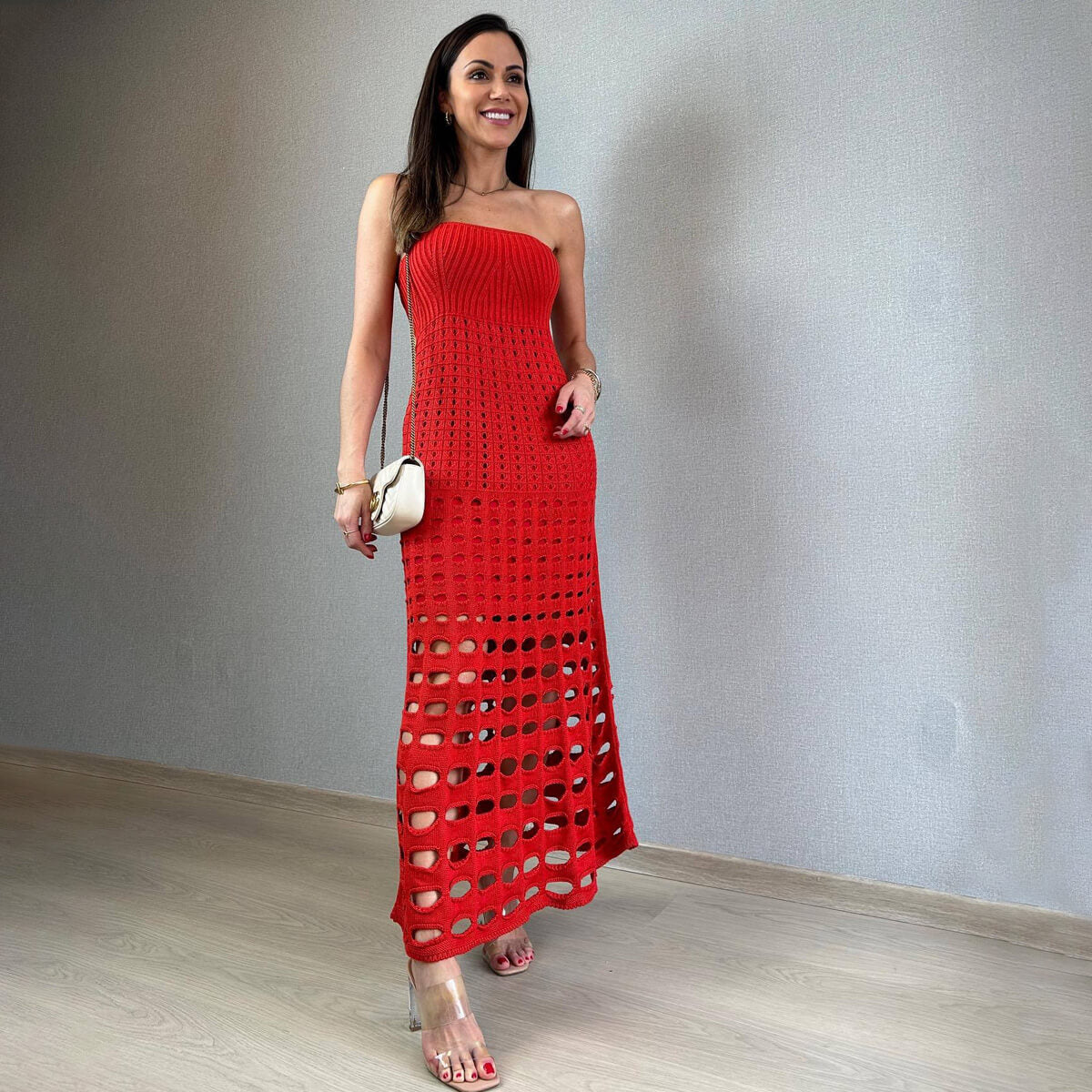 Women Strapless Crochet Knit Maxi Dress | Calira