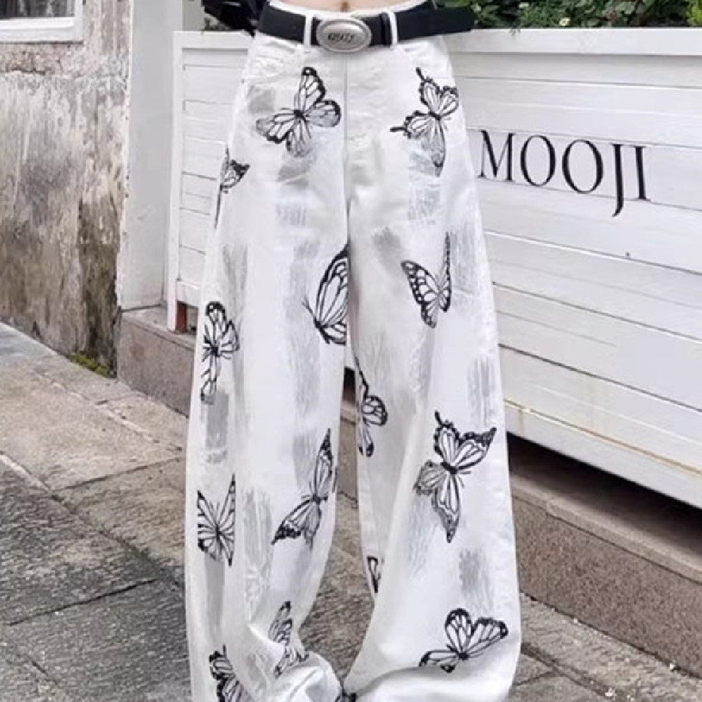 Women Wide Leg Pants White Ice Silk | Butterfly-2