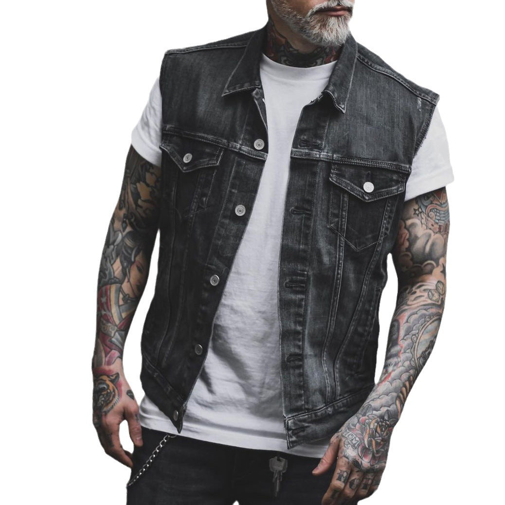 Distressed Denim Biker Vest | Allan