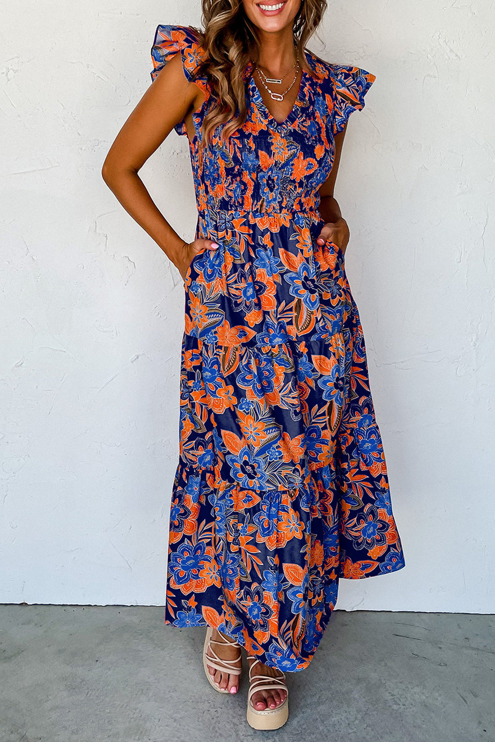 Women Floral Dress with V-neckline and Ruffles | Boho