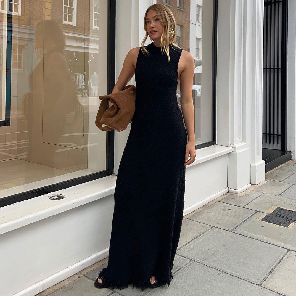Women Sleeveless Knit Maxi Dress with Fringe Hem | Elanise
