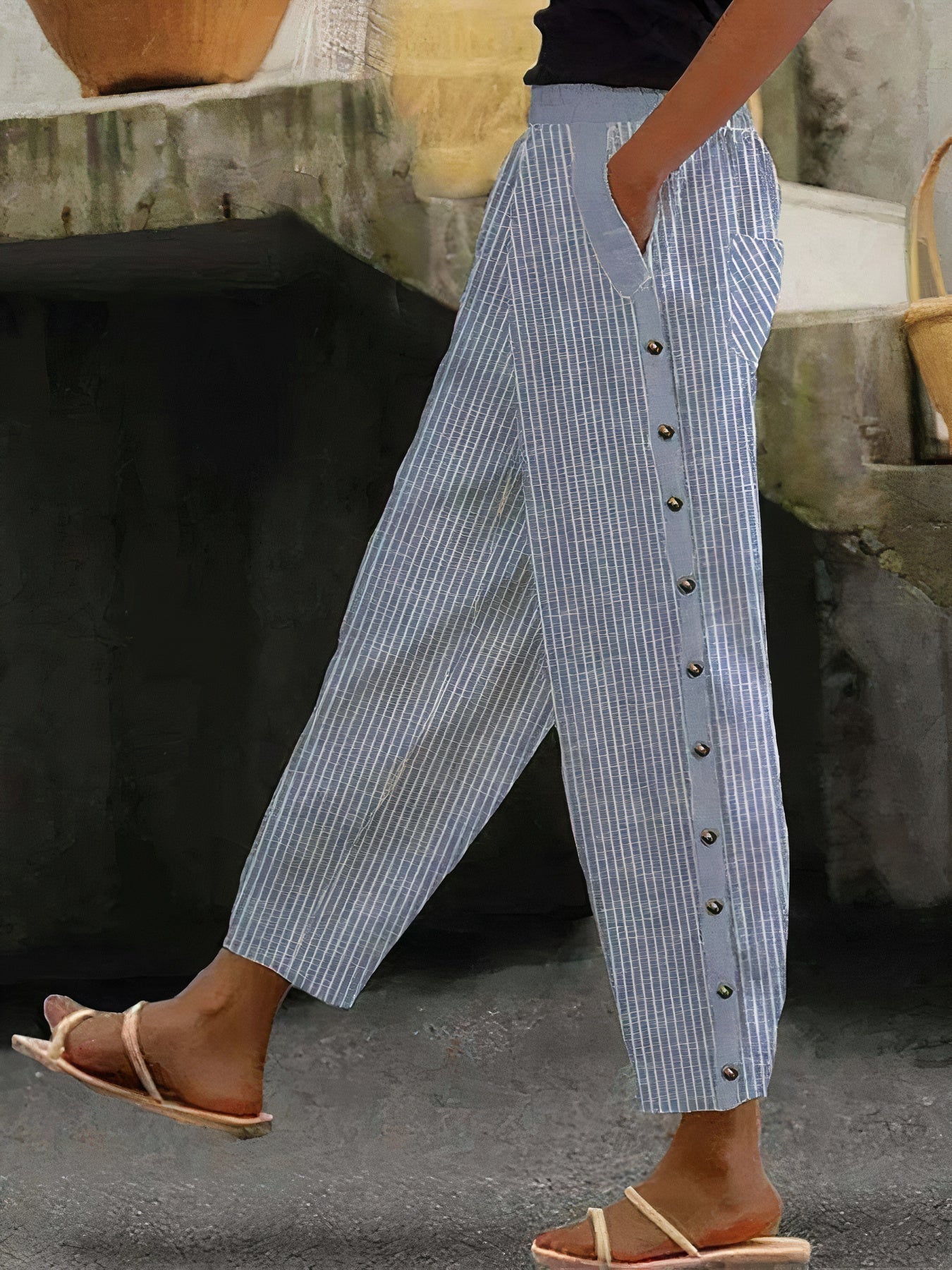 Women Striped Button-Leg Pants | Baila