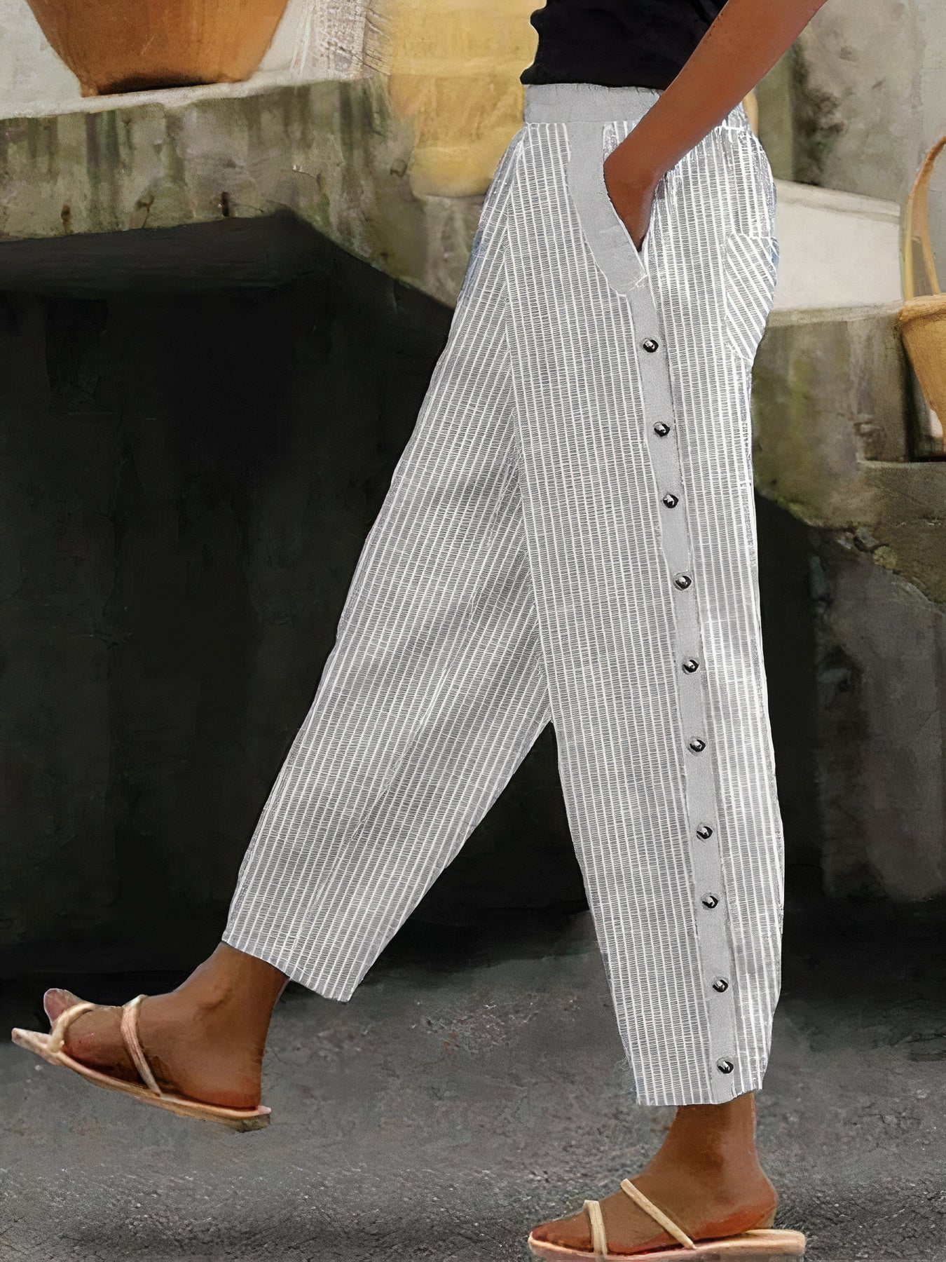 Women Striped Button-Leg Pants | Baila