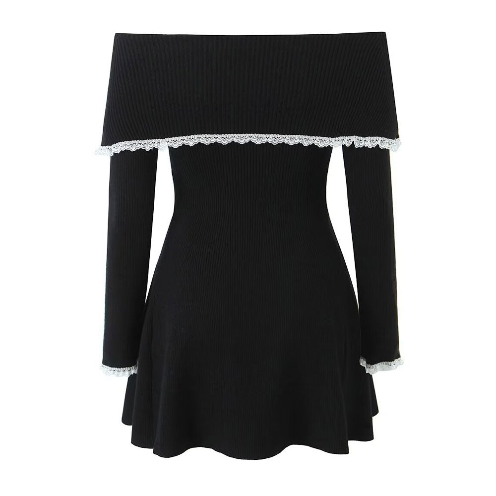 Women Off-Shoulder Lace Trim Knit Mini Dress | Indira