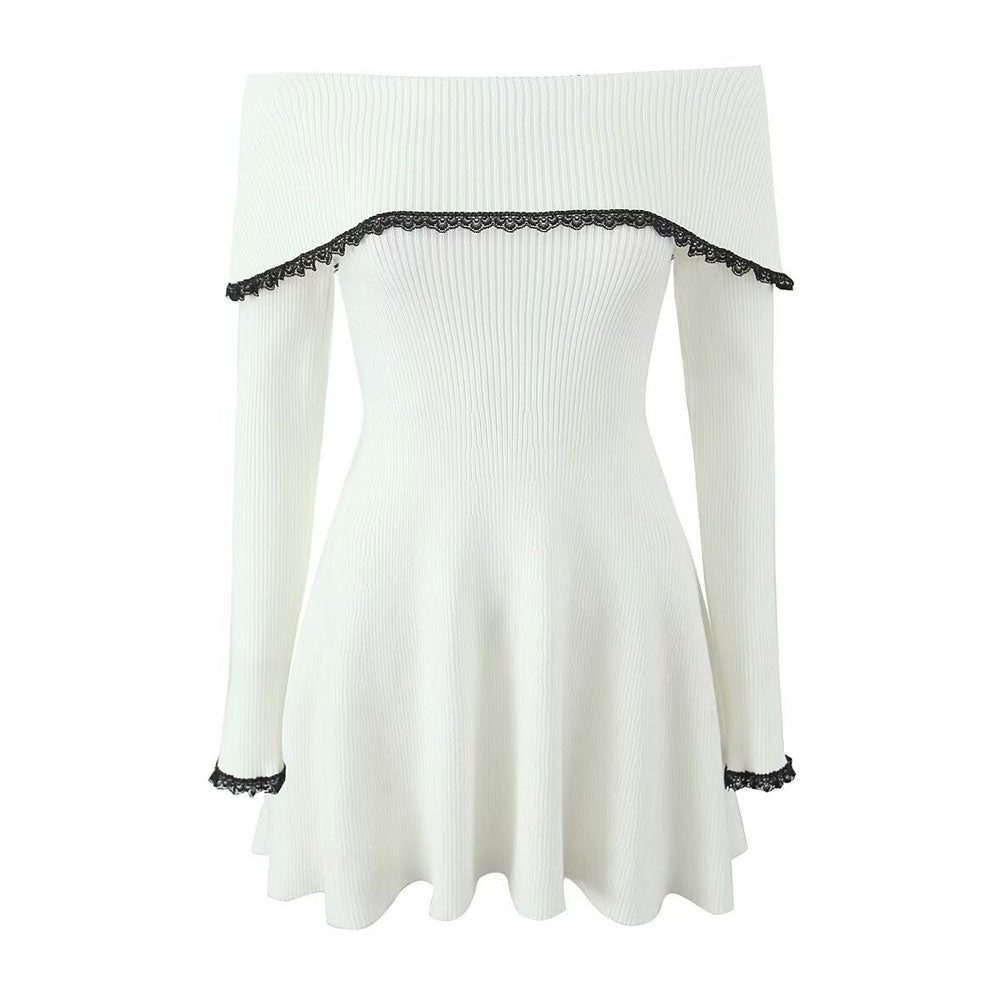 Women Off-Shoulder Lace Trim Knit Mini Dress | Indira