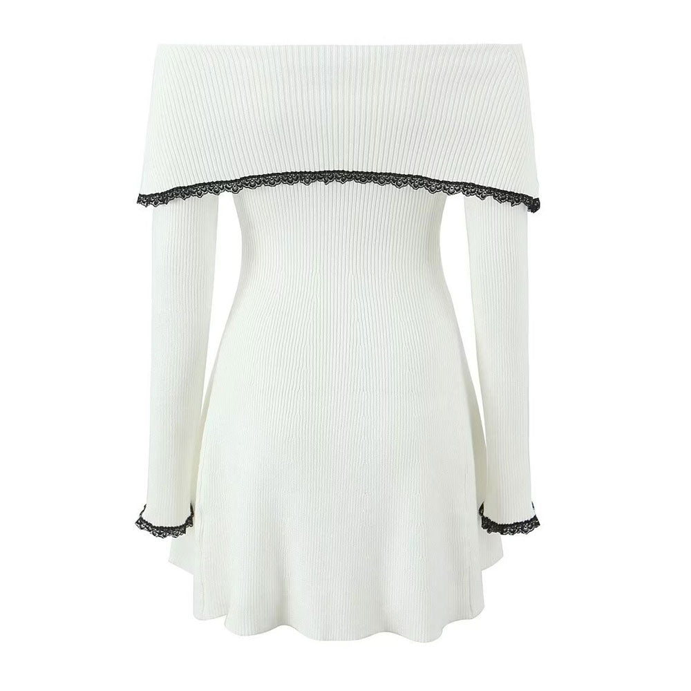 Women Off-Shoulder Lace Trim Knit Mini Dress | Indira