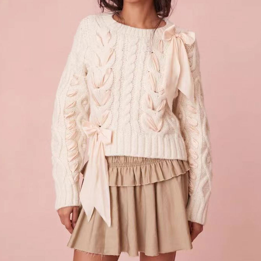 Women Cable Knit Ribbon Bow Sweater | Florina