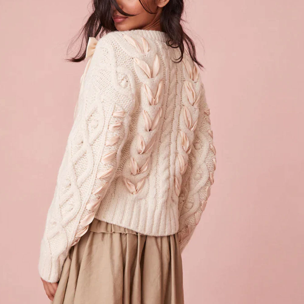 Women Cable Knit Ribbon Bow Sweater | Florina