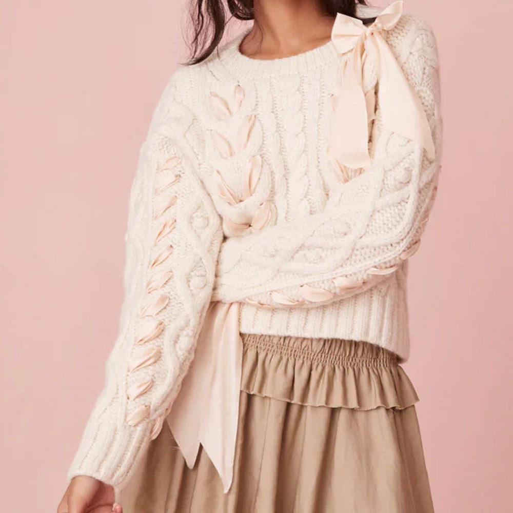 Women Cable Knit Ribbon Bow Sweater | Florina