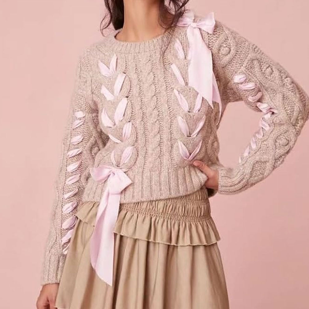 Women Cable Knit Ribbon Bow Sweater | Florina