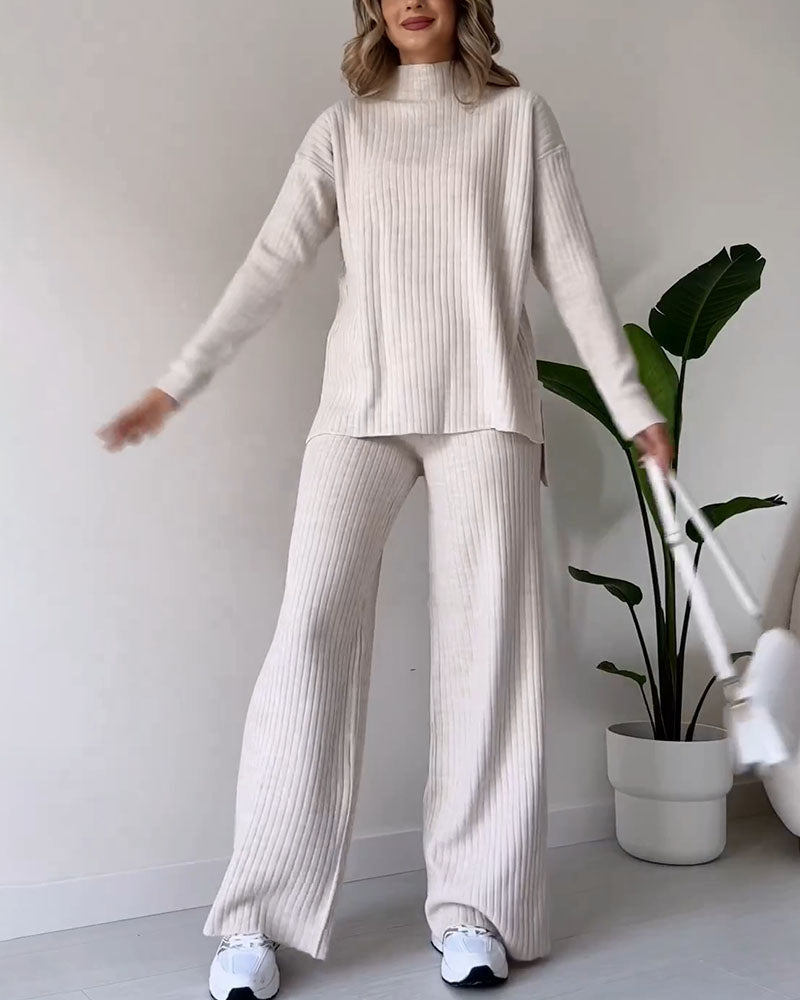 Women Ribbed Knit Wide-Leg Lounge Set | Daryelle