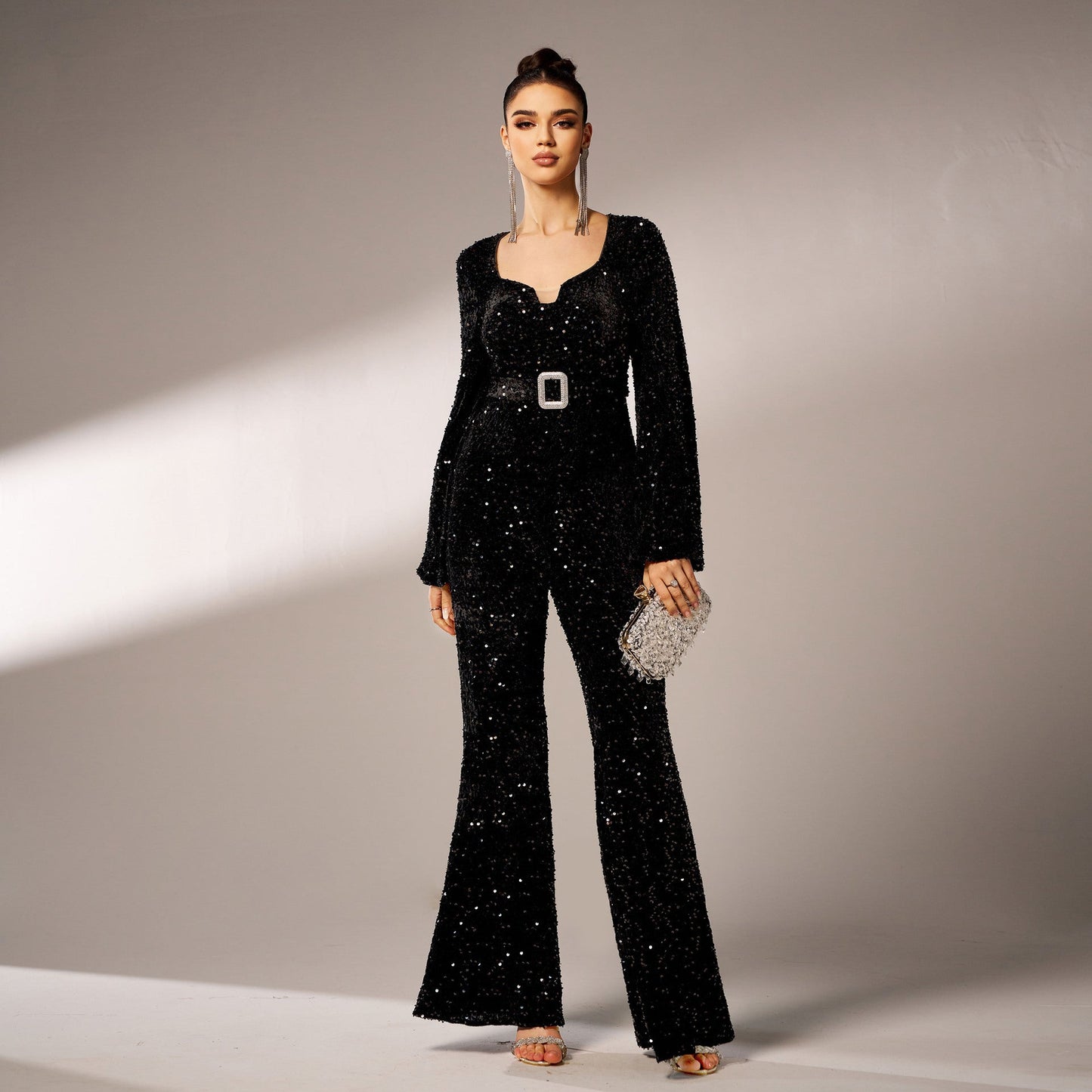 Women Sequin Jumpsuit Black Polyester | Elegant Night Out-2