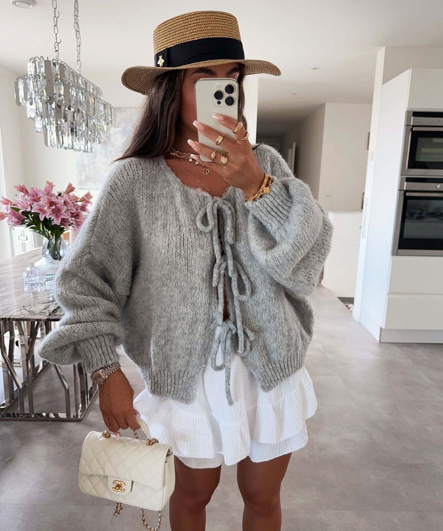 Women Cardigan Multi Color Knitted Polyester | Elegant Bow Design-5