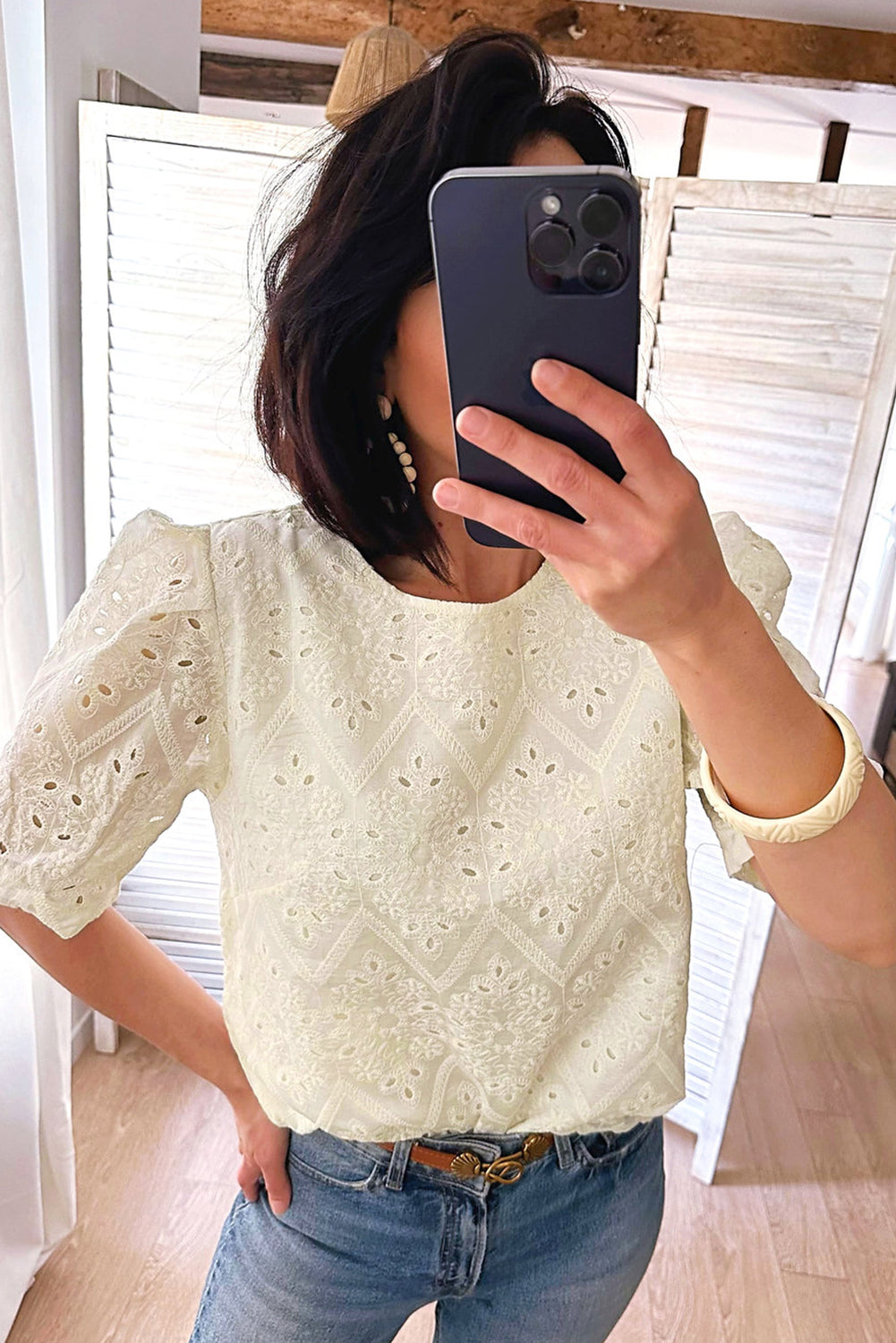 Women Blouse White Cotton Eyelet Embroidery | Emily-5