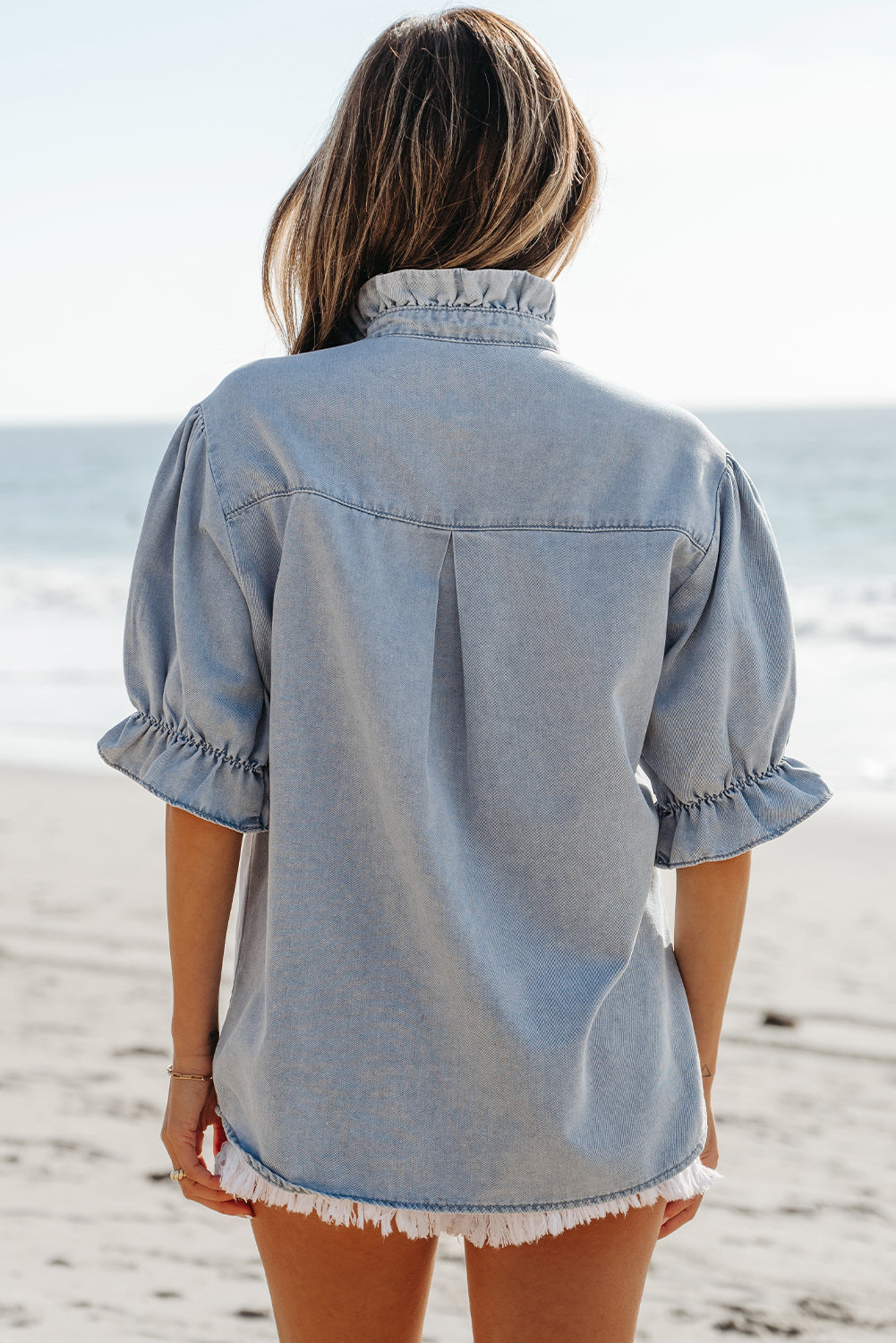 Women Ruffle Blouse Blue Chambray Lightweight | Summer Breeze-2