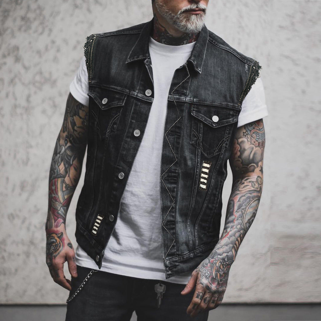 Distressed Denim Biker Vest | Allan
