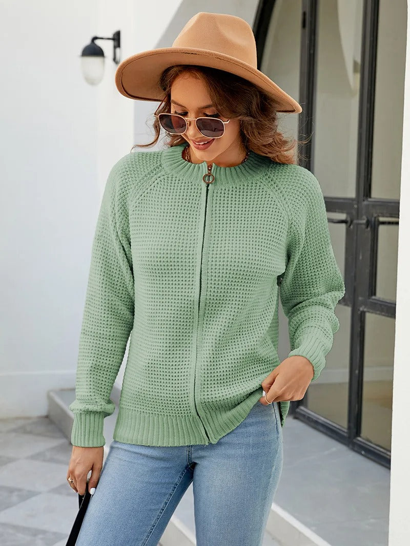 Women Waffle Knit Zip-Up Cardigan | Ryleigh