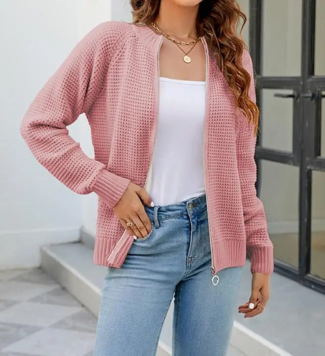 Women Waffle Knit Zip-Up Cardigan | Ryleigh