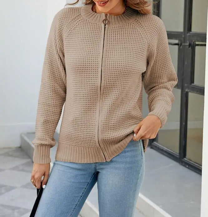 Women Waffle Knit Zip-Up Cardigan | Ryleigh
