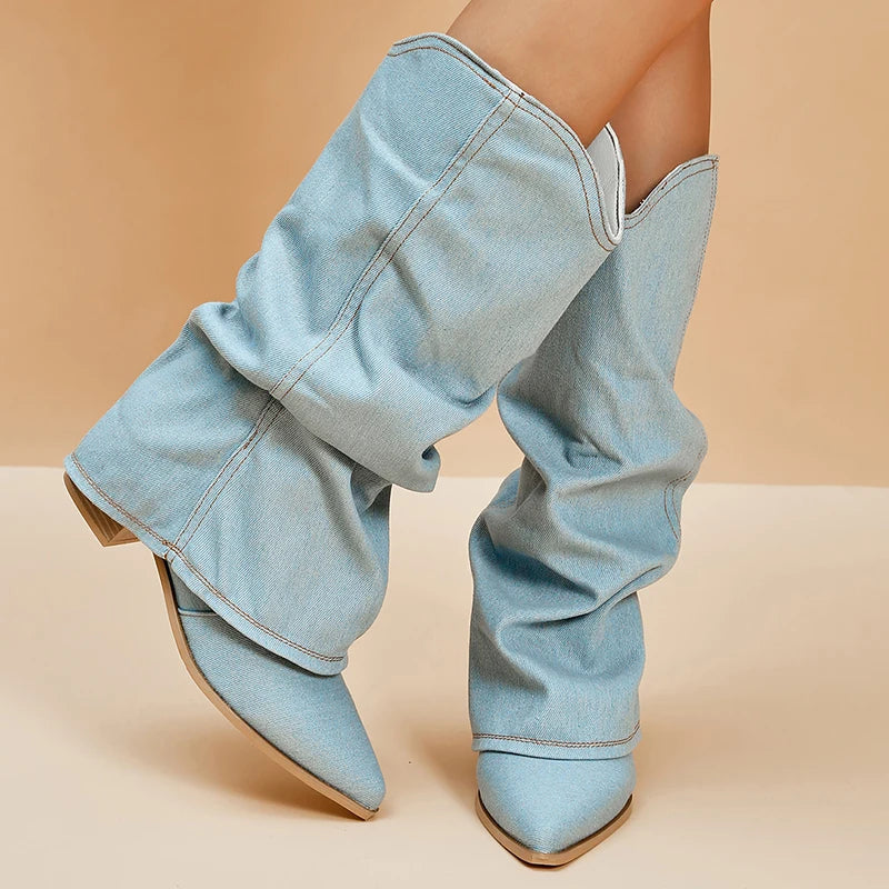 Women Knee High Boots Blue Denim | Emery-2