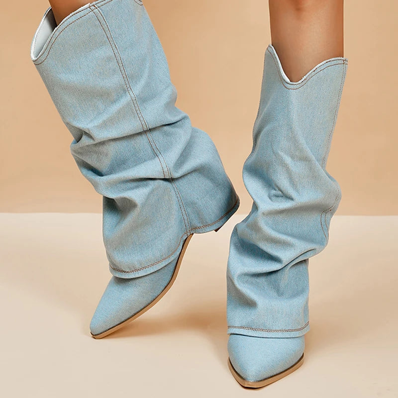 Women Knee High Boots Blue Denim | Emery-3