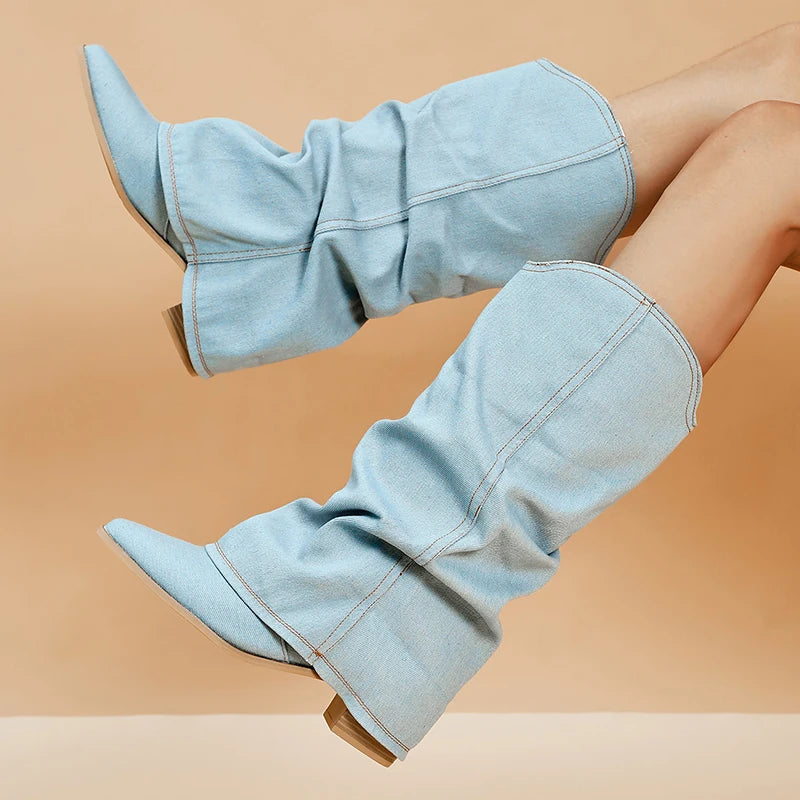 Women Knee High Boots Blue Denim | Emery-4