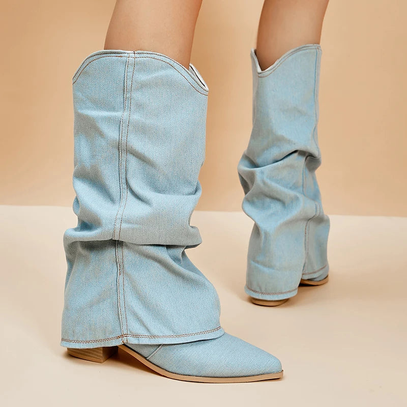 Women Knee High Boots Blue Denim | Emery-1