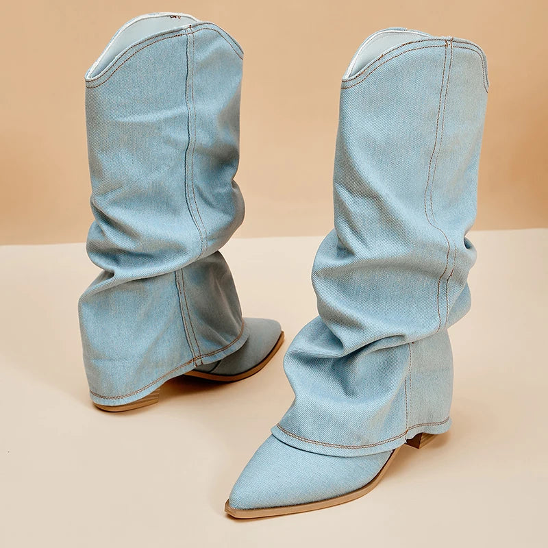 Women Knee High Boots Blue Denim | Emery-5