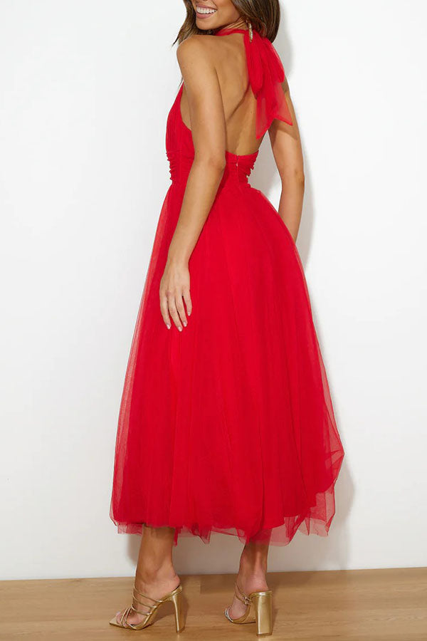 Women Halter-Neck Tulle Midi Dress | Emmeline