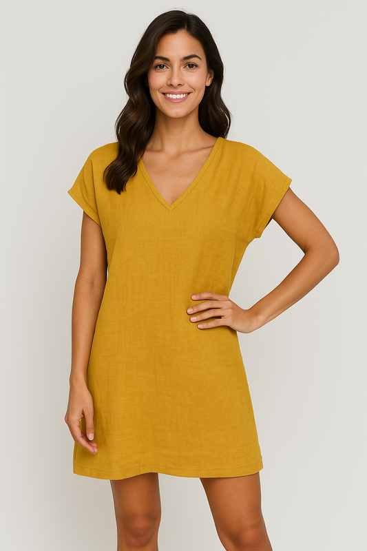Women V-Neck Tunic Dress with Cap Sleeves | Mariselle