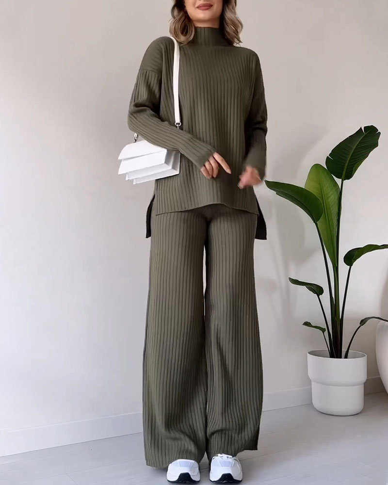 Women Ribbed Knit Wide-Leg Lounge Set | Daryelle