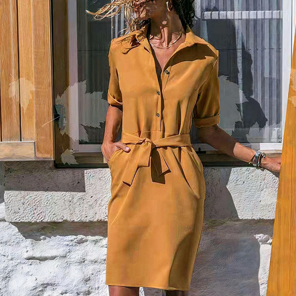 Women Elegant Belted Midi Shirt Dress | Solene