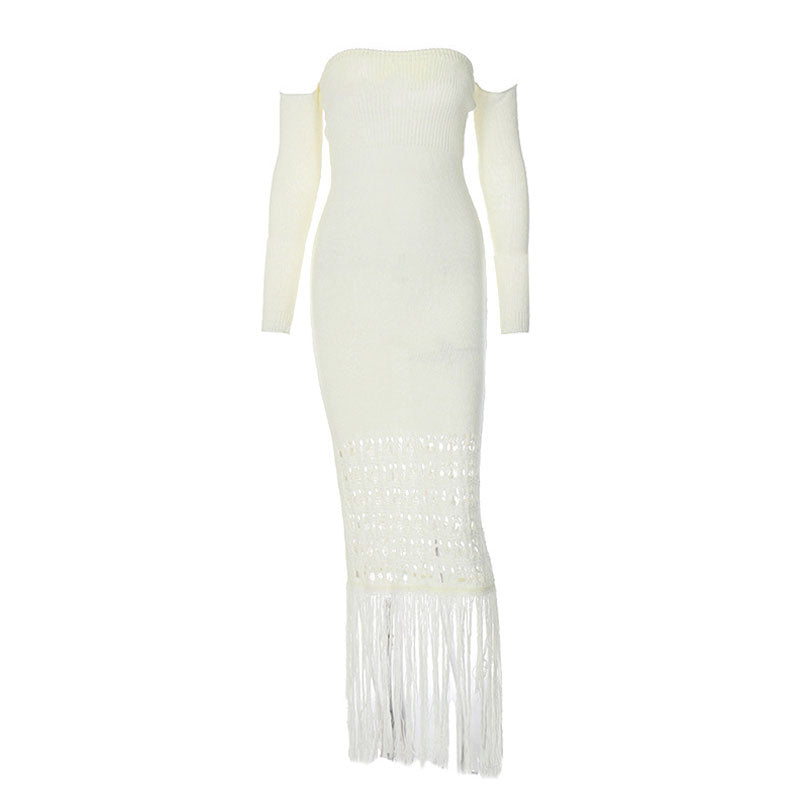 Women Off-Shoulder Fringe Knit Maxi Dress | Lumi