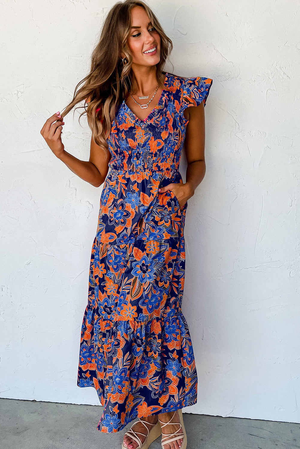 Women Floral Dress with V-neckline and Ruffles | Boho
