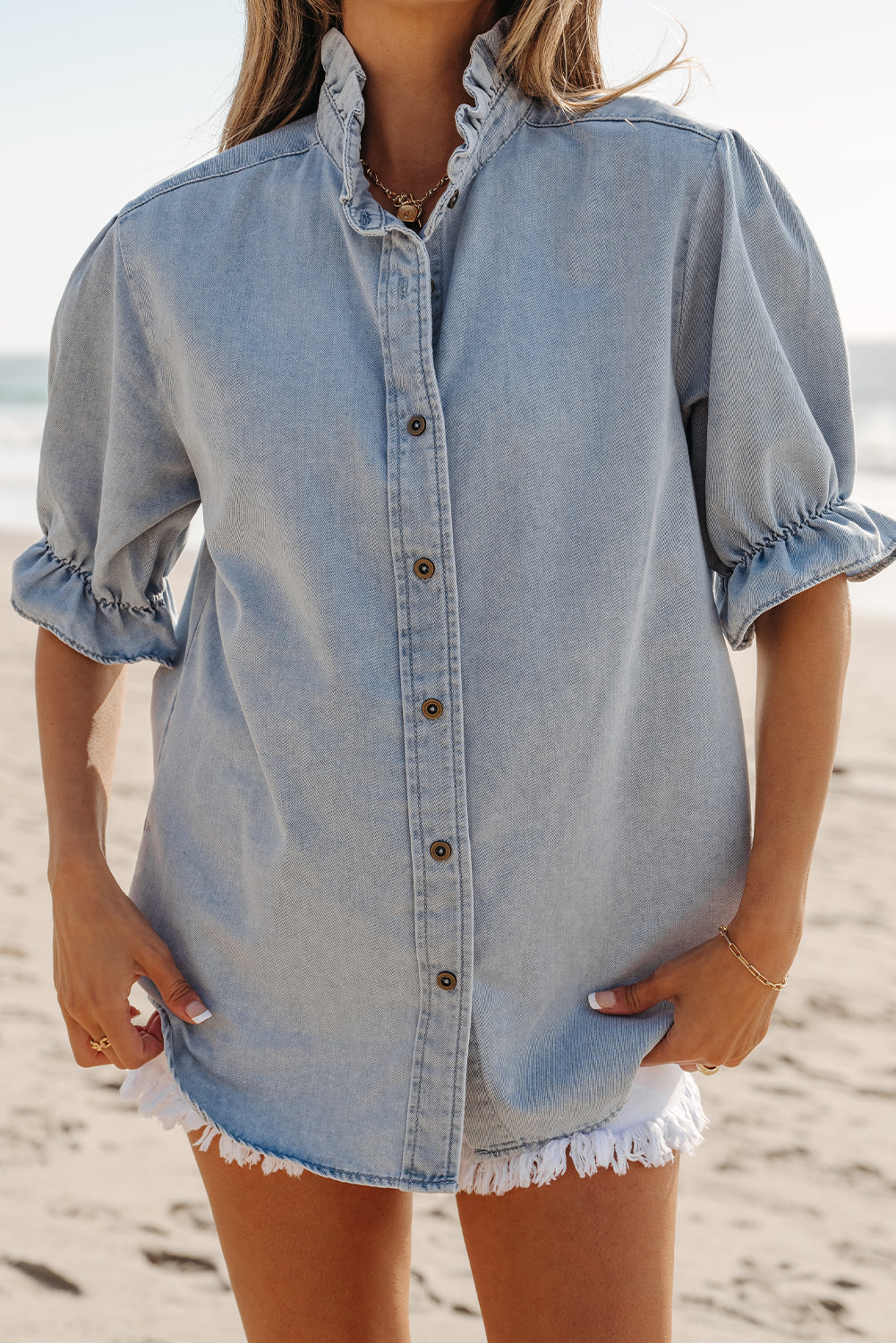 Women Ruffle Blouse Blue Chambray Lightweight | Summer Breeze-5
