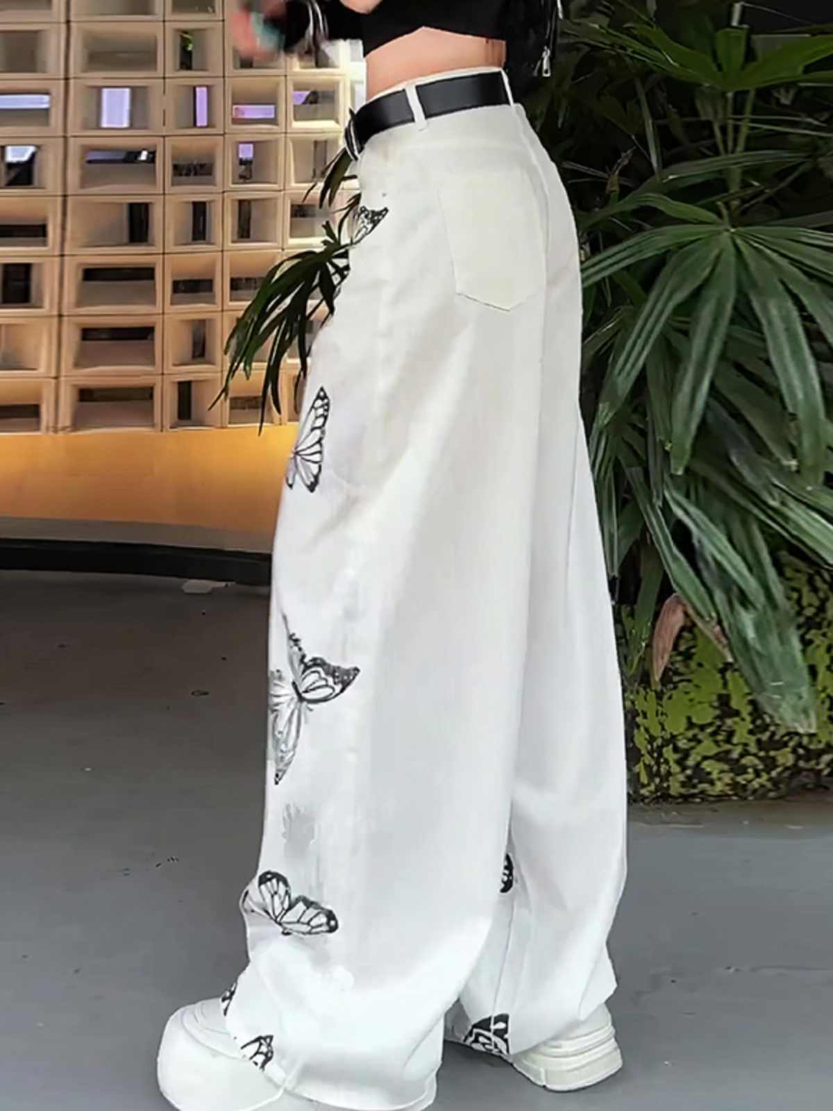Women Wide Leg Pants White Ice Silk | Butterfly-5