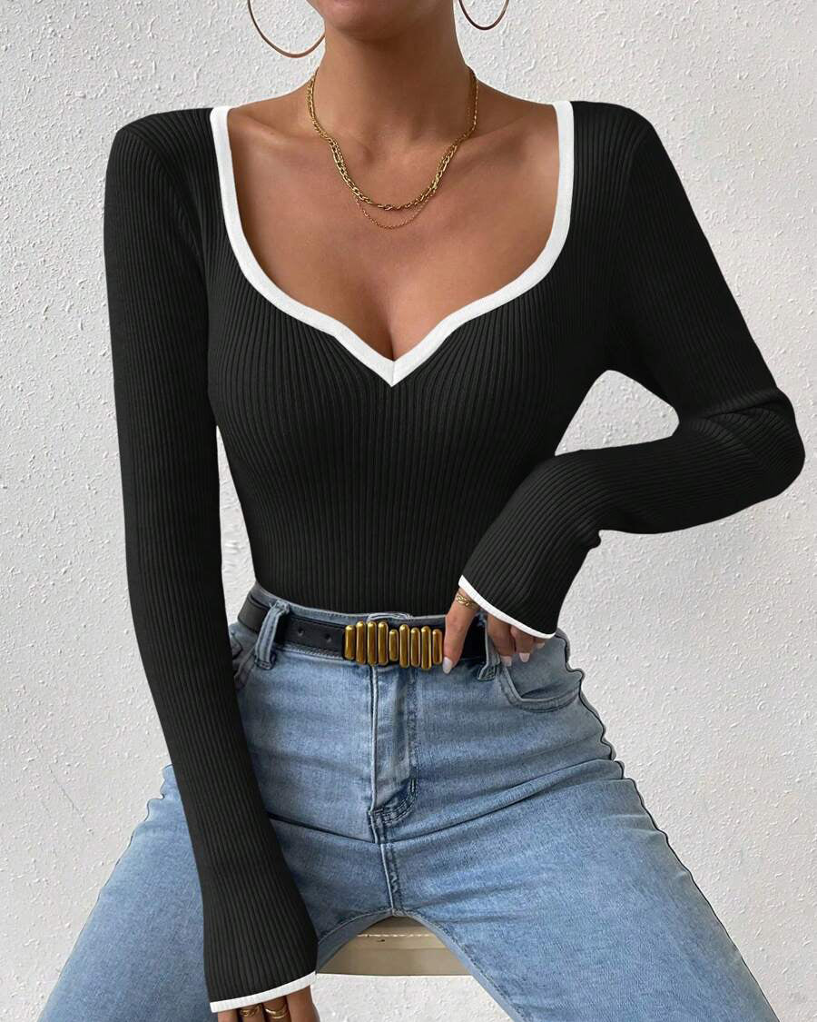 Women Ribbed Contrast Trim Top | Leontina