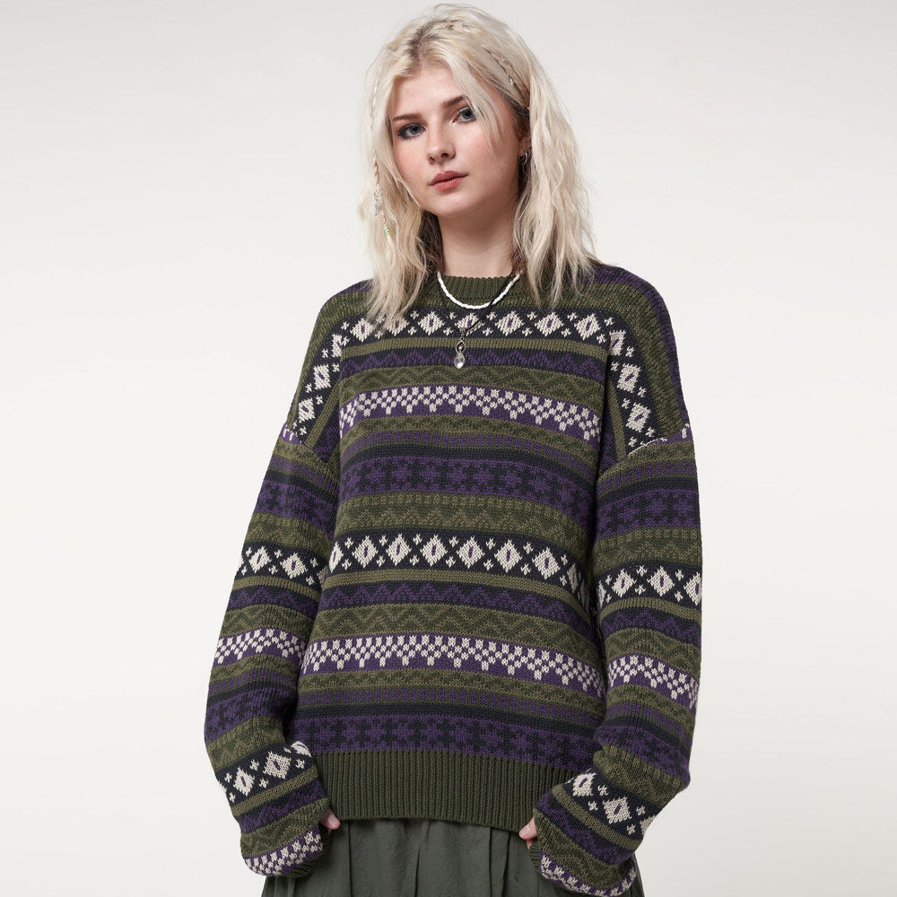 Women Geometric Knit Crew Neck Sweater | Abrielle