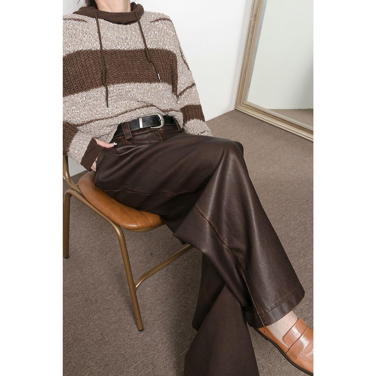 Women Wide Leg Pants Brown PU Leather | Vintage Chic-5