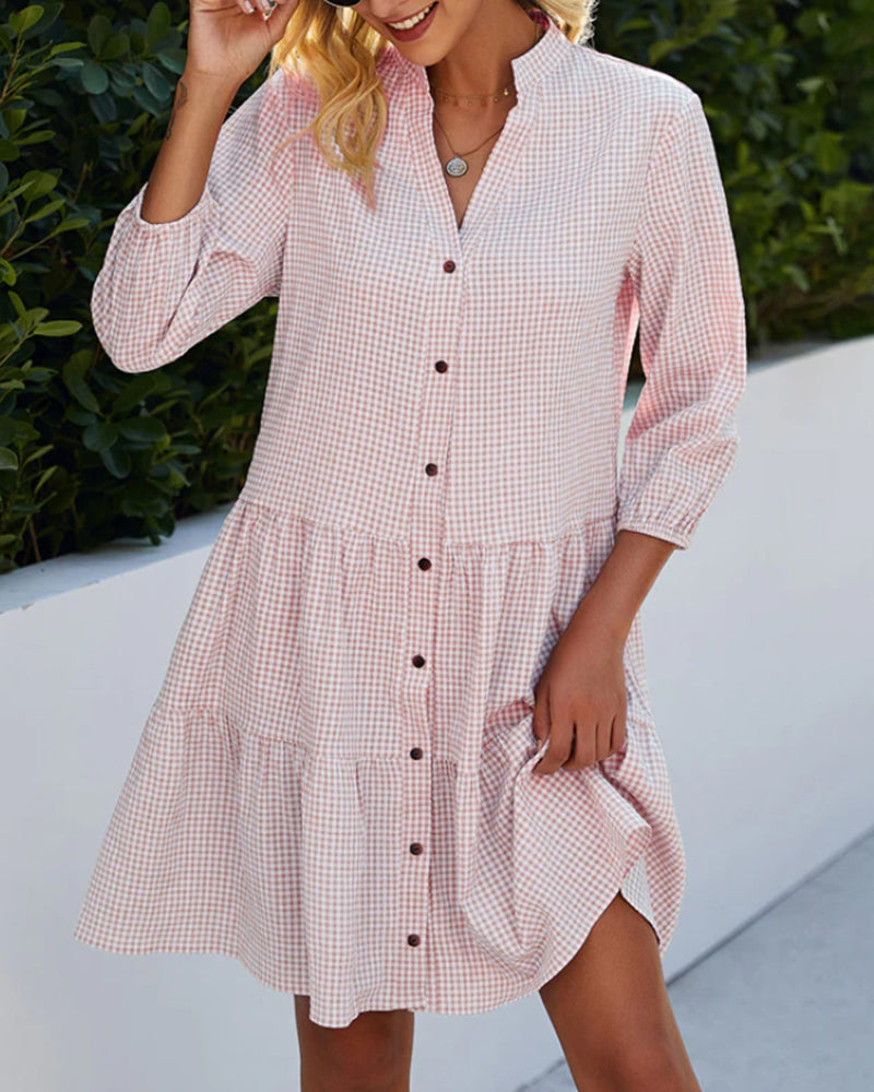 Women Gingham Button-Down Tiered Mini Dress | Masha