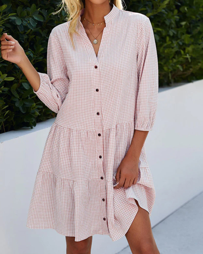 Women Gingham Button-Down Tiered Mini Dress | Masha