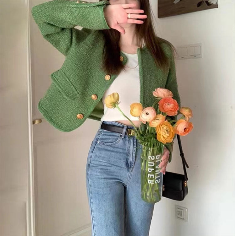 Women Tailored Jacket Green Tweed | Elegant Style-4