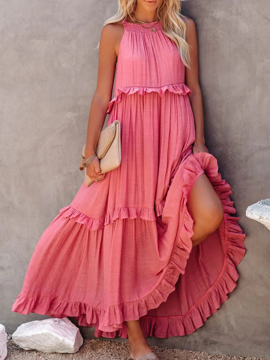 Women Ruffled Sleeveless Maxi Dress with Pockets | Halsey