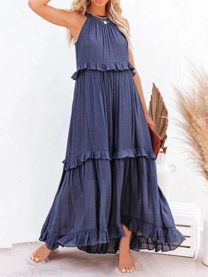 Women Ruffled Sleeveless Maxi Dress with Pockets | Halsey
