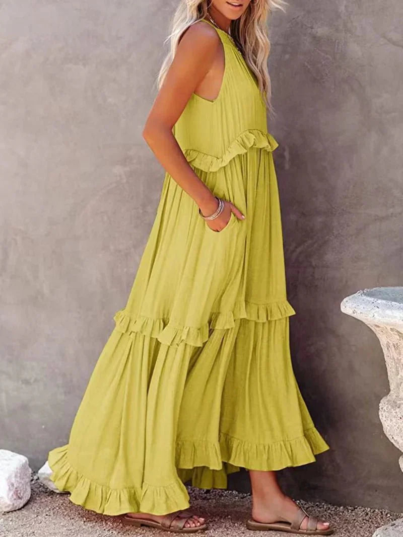 Women Ruffled Sleeveless Maxi Dress with Pockets | Halsey